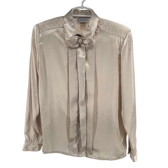 Impressions button up cream champagne 6 button up top bow collar vintage silky - Picture 1 of 9